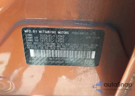 2019 Mitsubishi Mirage Es z USA, uszkodzony, nr VIN ML32A3HJ5KH013953